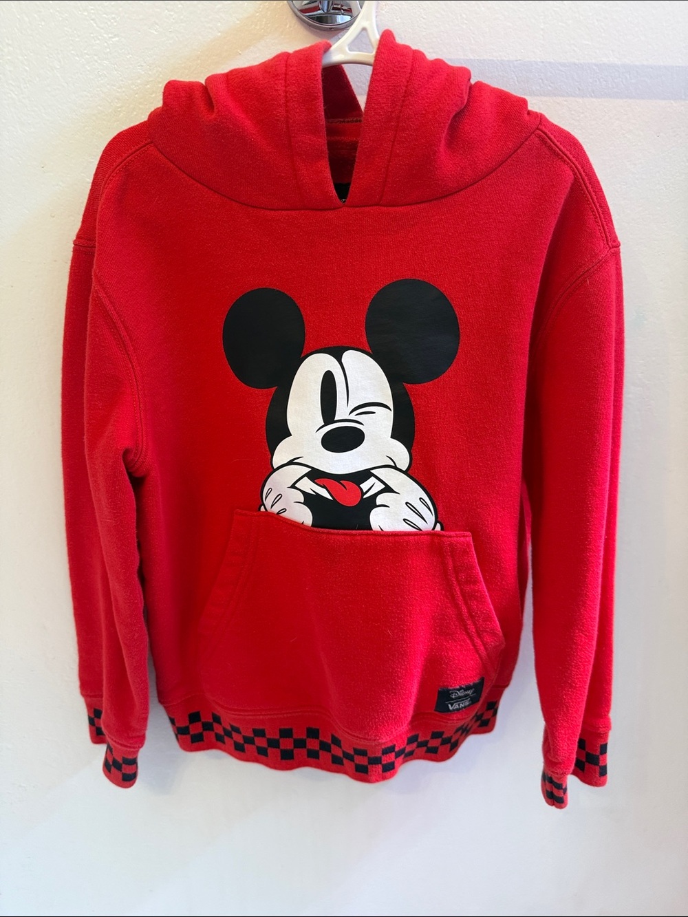 Vans x Disney Red Mickey Mouse Hoodie with Black Checkerboard Trim